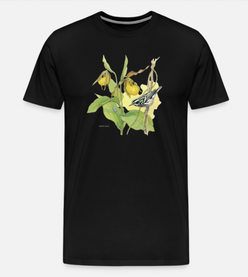 OOS Warblers & Wildflowers 2023 T-Shirt with artwork by Ann E. Giese, featuring a Black & White Warbler with Yellow Lady Slipper Orchid and The Hebrew moth